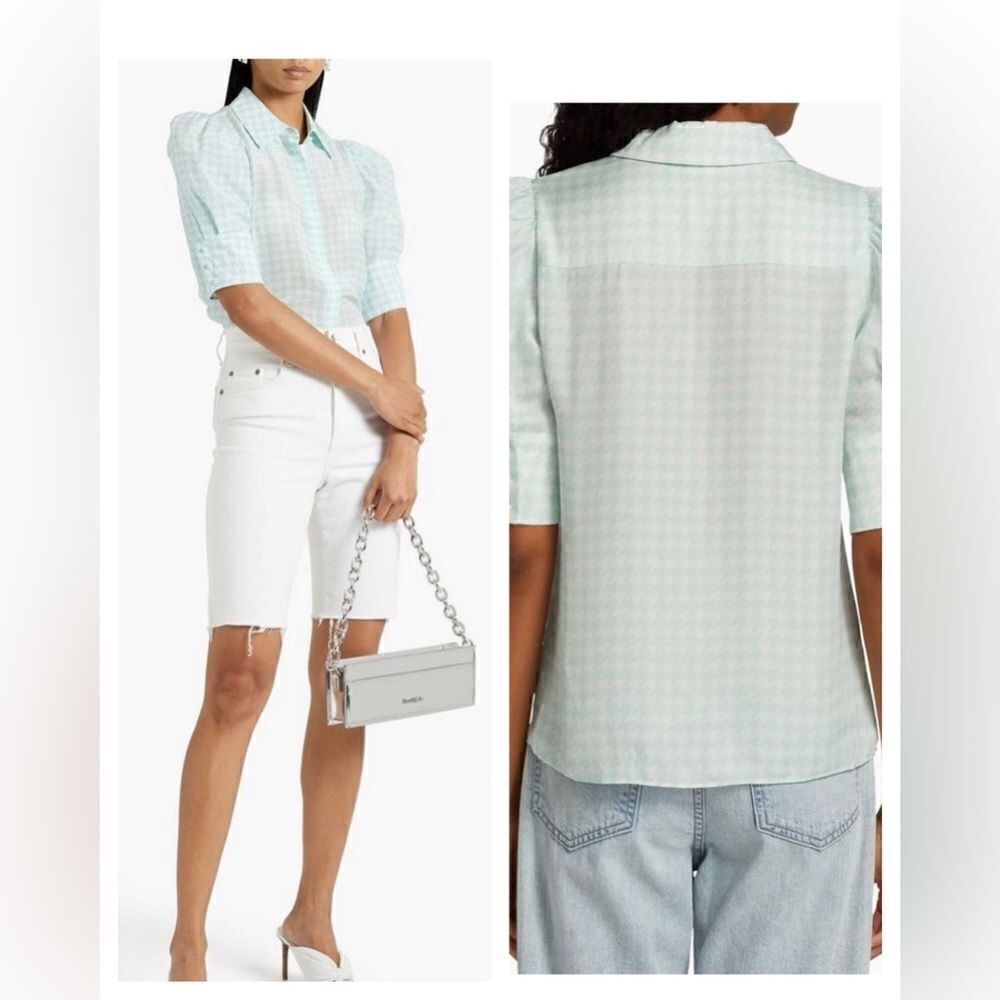 Alice + Olivia NWT Willa Houndstooth Puff Sleeve Silk Top in Julep Size L